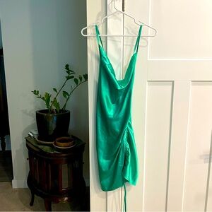 Cowl Neck Ruched Side Slip Dress Scrunch Tie Spaghetti Strap Silky Shiny Mini